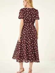 Roman Brown Polka Dot Pleat Neck Midi Dress - Image 3 of 5