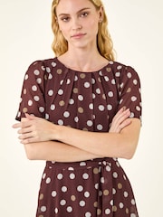 Roman Brown Polka Dot Pleat Neck Midi Dress - Image 4 of 5