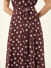 Roman Brown Polka Dot Pleat Neck Midi Dress - Image 5 of 5