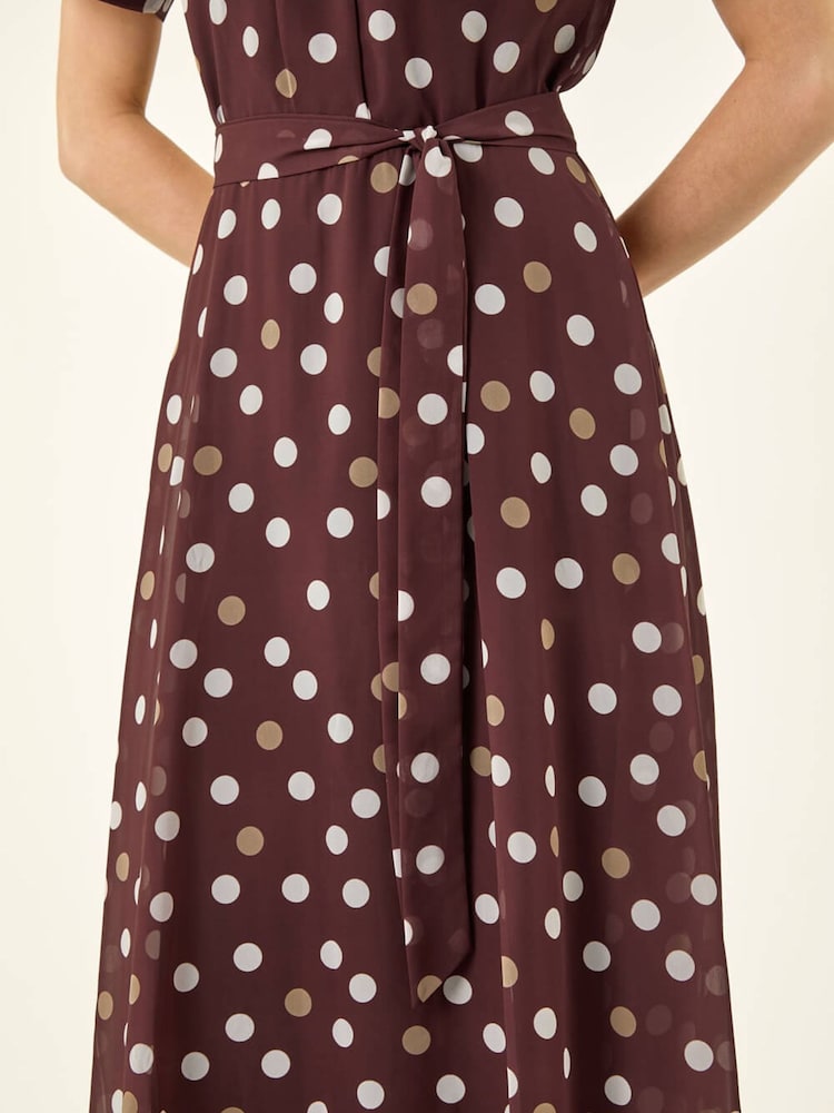 Roman Brown Polka Dot Pleat Neck Midi Dress - Image 5 of 5