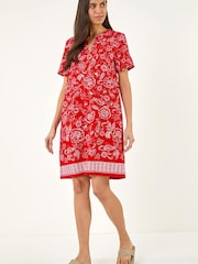 Roman Red Paisley Print Linen Shift Dress - Image 1 of 5