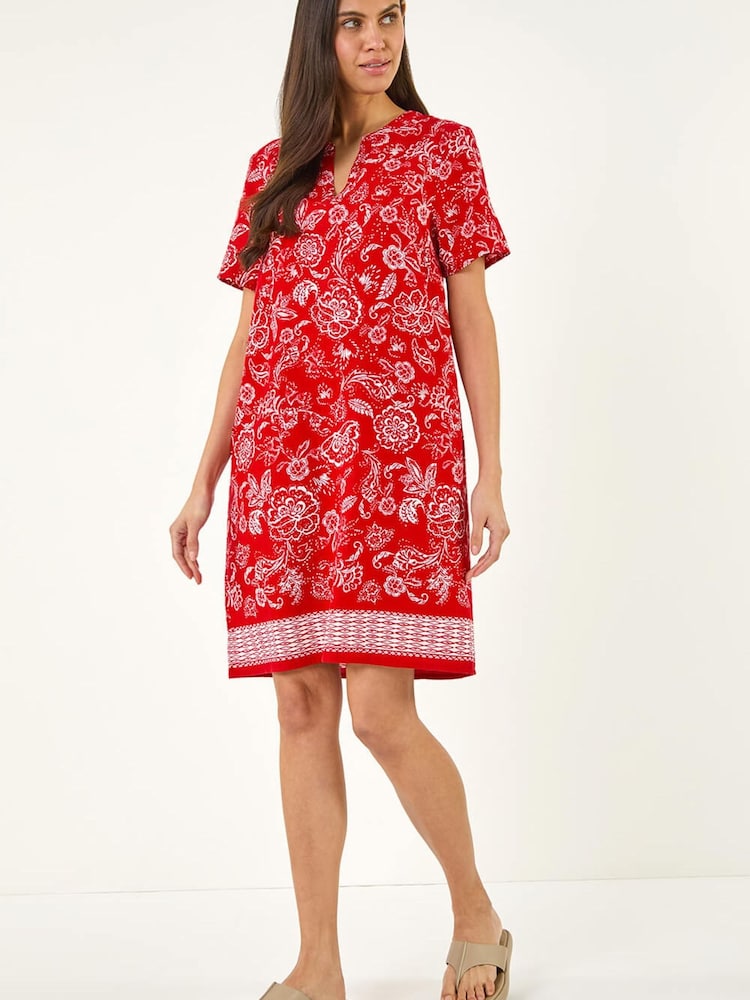 Roman Red Paisley Print Linen Shift Dress - Image 1 of 5
