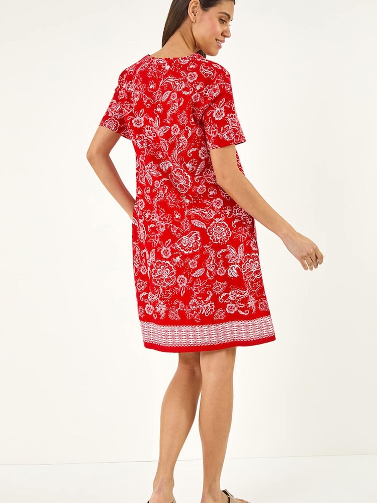 Roman Red Paisley Print Linen Shift Dress - Image 2 of 5