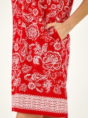 Roman Red Paisley Print Linen Shift Dress - Image 4 of 5