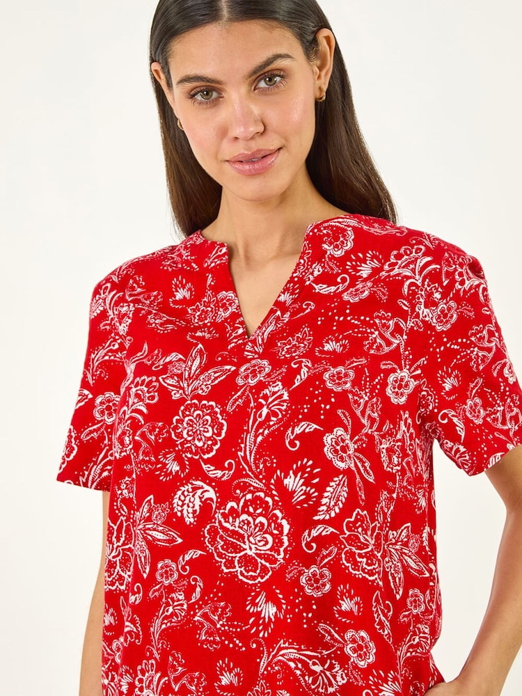 Roman Red Paisley Print Linen Shift Dress - Image 5 of 5