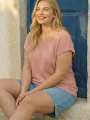 Roman Pink Curve Textured V-Neck Tunic Top - Image 1 of 4