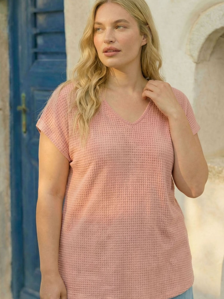 Roman Pink Curve Textured V-Neck Tunic Top - Image 4 of 4