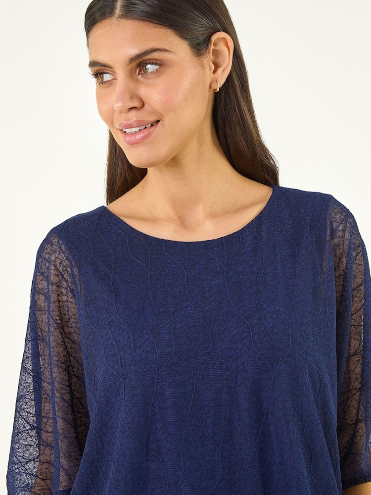 Roman Blue Mesh Bubble Hem Top - Image 1 of 5 Roman Blue Mesh Bubble Hem Top - Image 1 of 5