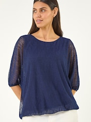 Roman Blue Mesh Bubble Hem Top - Image 4 of 5