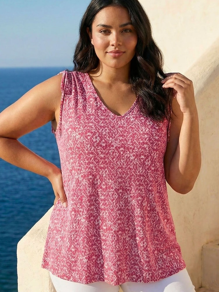 Roman Pink Curve Printed Ruched Shoulder Vest Top - Image 1 of 4