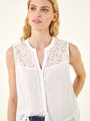 Roman White Floral Lace Yoke Blouse - Image 1 of 5