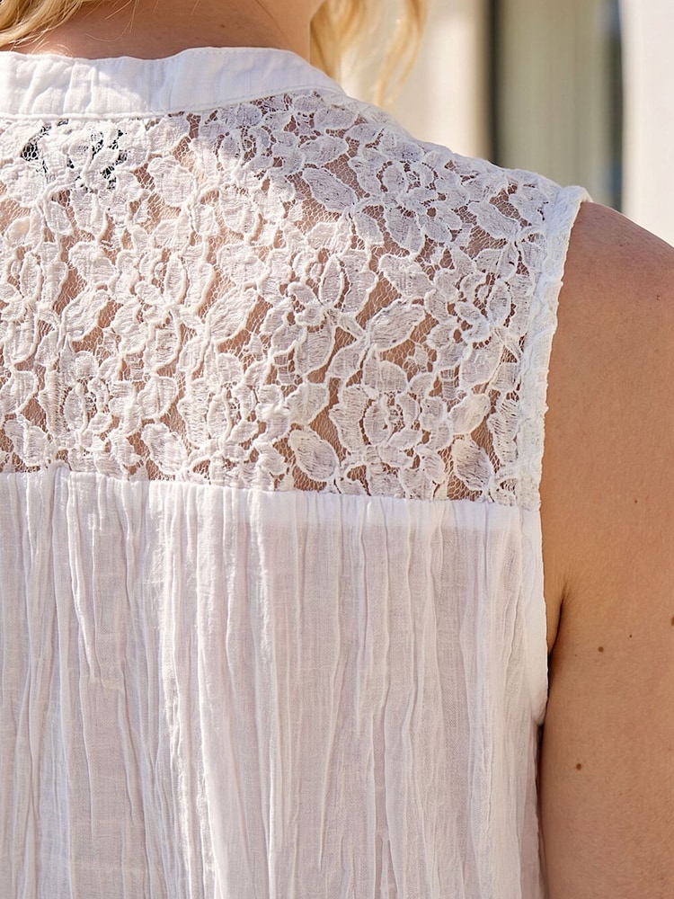 Roman White Floral Lace Yoke Blouse - Image 4 of 4 Roman White Floral Lace Yoke Blouse - Image 4 of 4