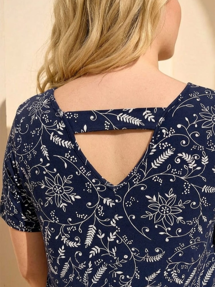 Roman Blue Curve Floral Print Bar Back Top - Image 4 of 4
