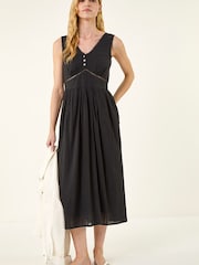 Negro - Roman Seersucker V-Neck Midi Dress - Imagen 1 de 5