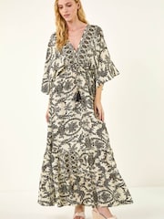 Roman Cream/Black Floral Border Boho Maxi Dress - Image 1 of 5