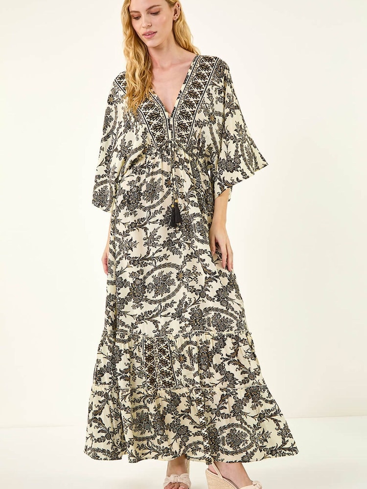Roman Cream/Black Floral Border Boho Maxi Dress - Image 1 of 5