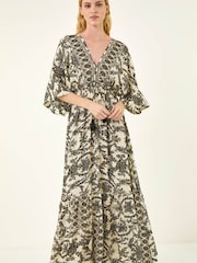 Roman Cream/Black Floral Border Boho Maxi Dress - Image 2 of 5