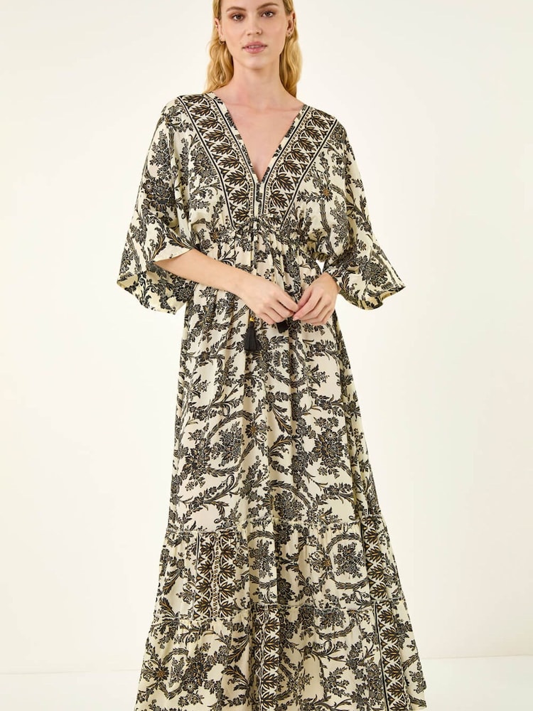 Roman Cream/Black Floral Border Boho Maxi Dress - Image 2 of 5