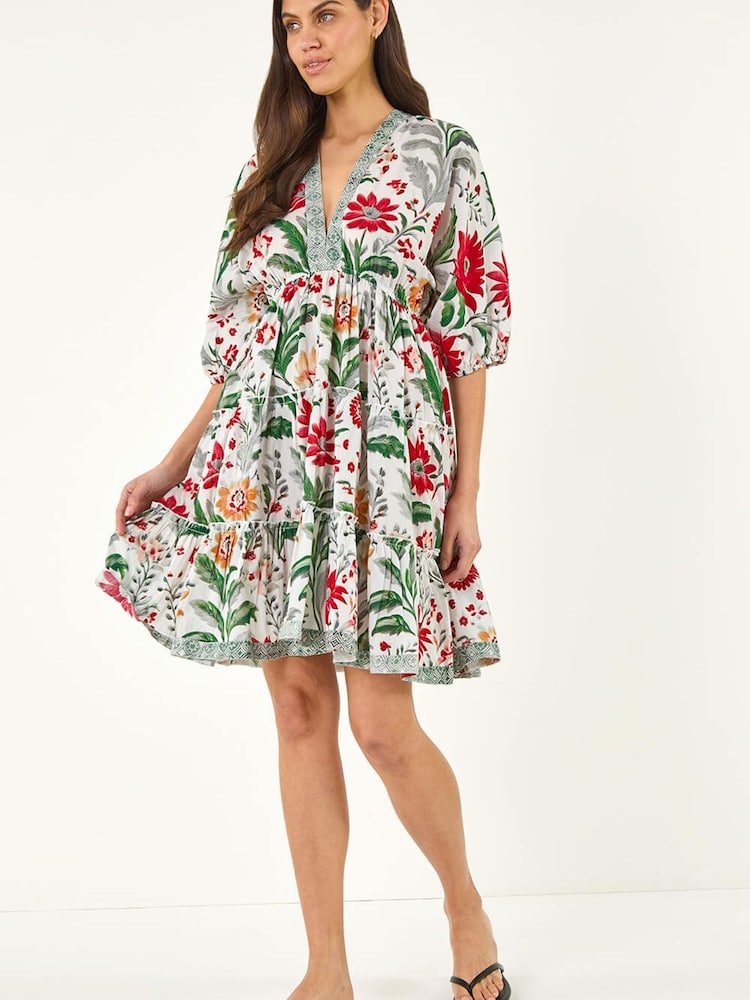 Roman Grey Floral Tiered Boho Dress - Image 2 of 5 Roman Grey Floral Tiered Boho Dress - Image 2 of 5