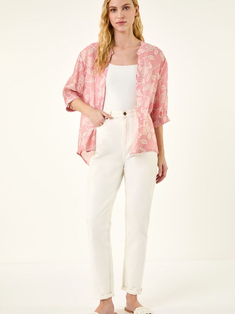 Roman Pink Floral Print V-Neck Button Blouse - Image 2 of 5 Roman Pink Floral Print V-Neck Button Blouse - Image 2 of 5