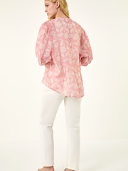 Roman Pink Floral Print V-Neck Button Blouse - Image 3 of 5