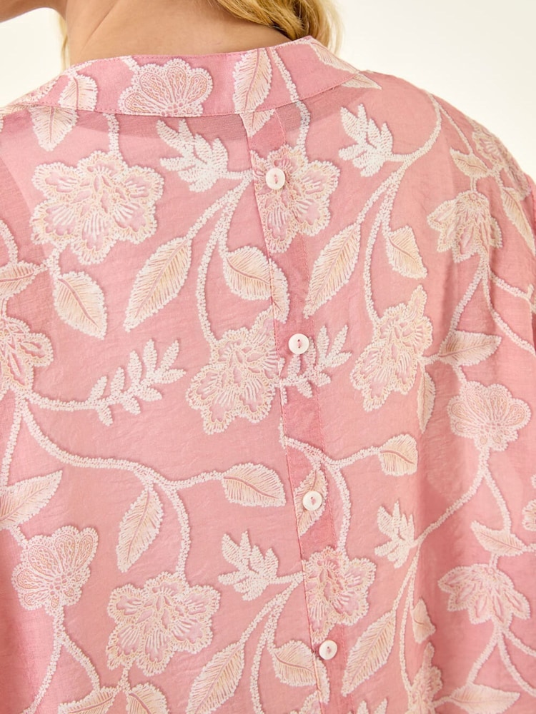 Roman Pink Floral Print V-Neck Button Blouse - Image 5 of 5 Roman Pink Floral Print V-Neck Button Blouse - Image 5 of 5