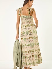 Roman Natural Tree Tile Print Strappy Tie Midi Dress - Image 3 of 5