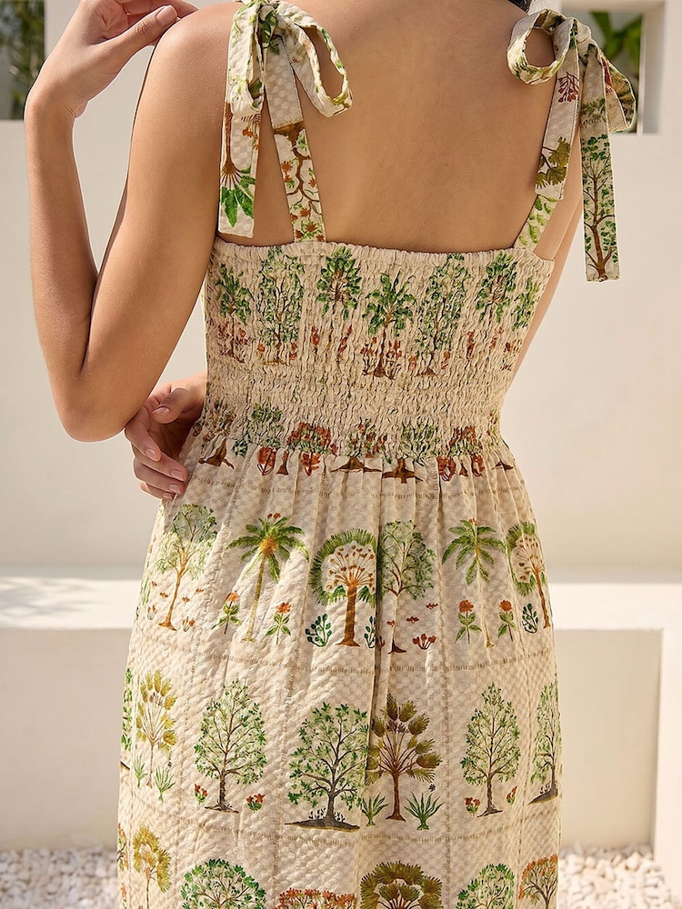 Roman Natural Tree Tile Print Strappy Tie Midi Dress - Image 4 of 4 Roman Natural Tree Tile Print Strappy Tie Midi Dress - Image 4 of 4
