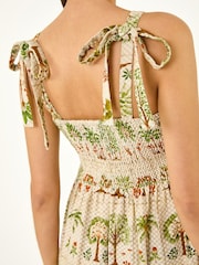 Roman Natural Tree Tile Print Strappy Tie Midi Dress - Image 5 of 5