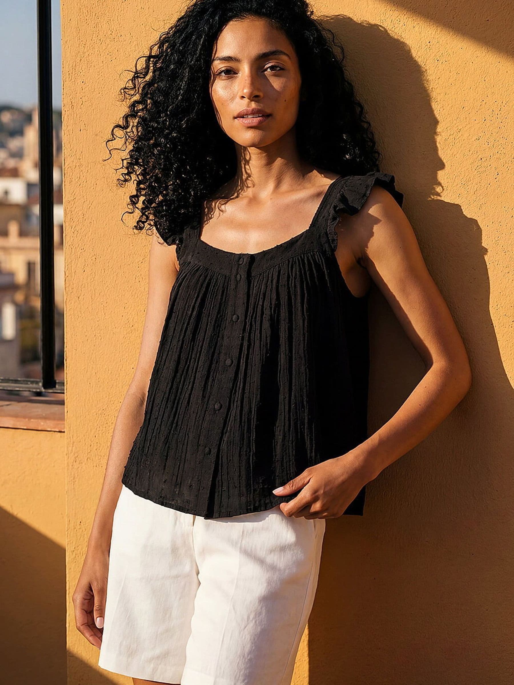 Roman Women's Black Textured Frill Sleeve Cami Top
