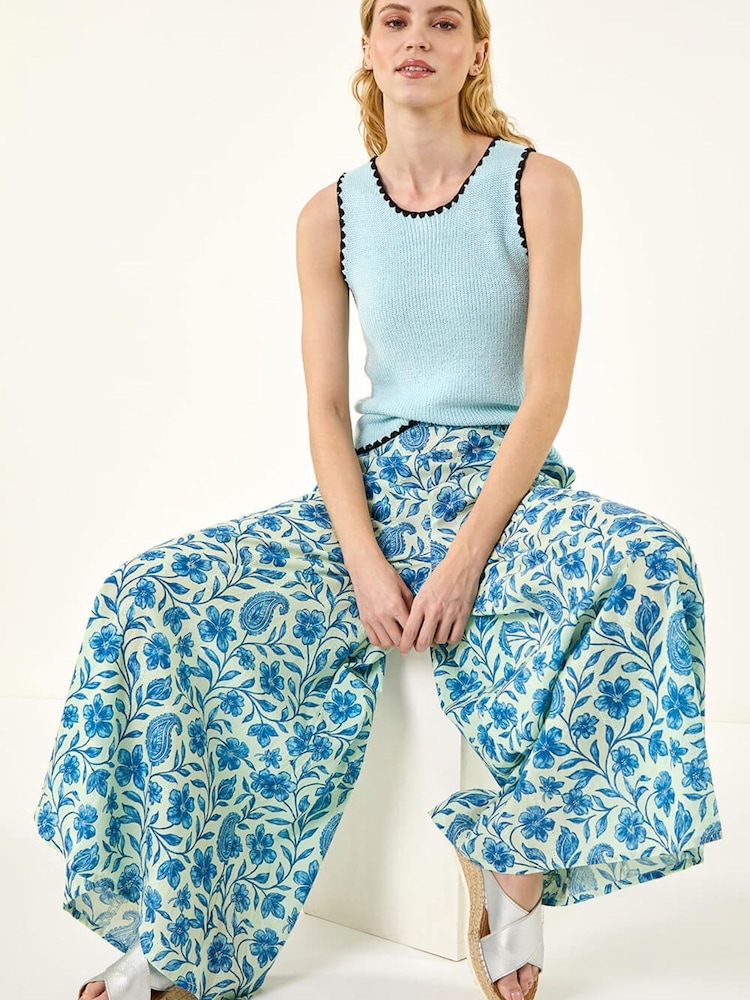 Roman Blue Floral Print Textured Culottes - Image 1 of 5