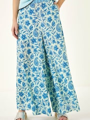 Roman Blue Floral Print Textured Culottes - Image 4 of 5
