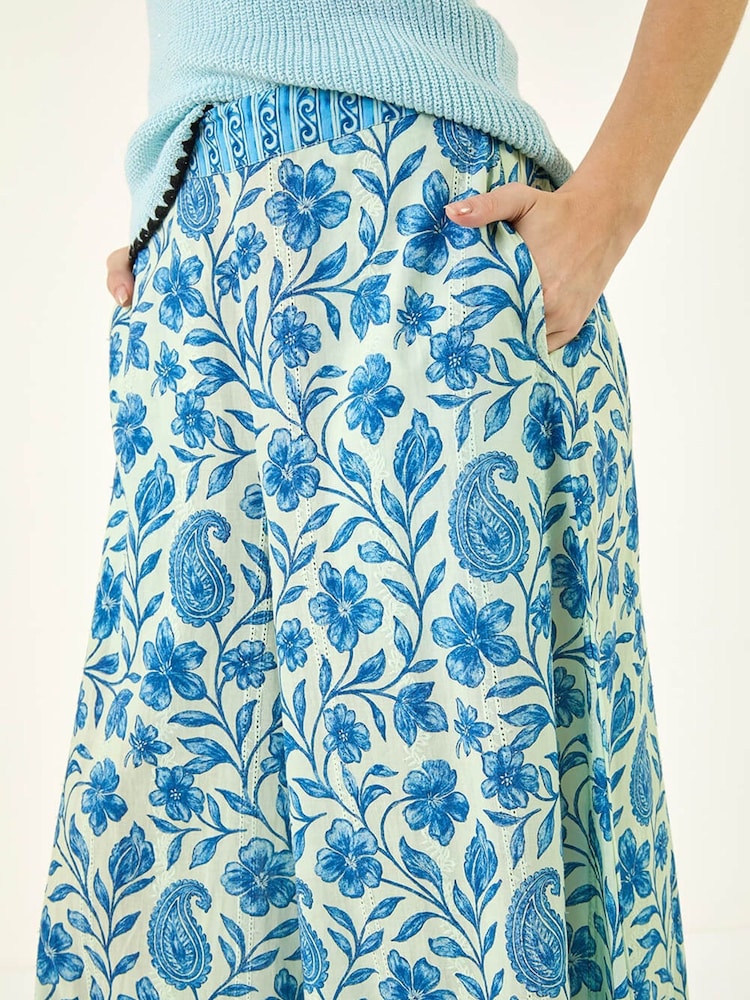 Roman Blue Floral Print Textured Culottes - Image 5 of 5
