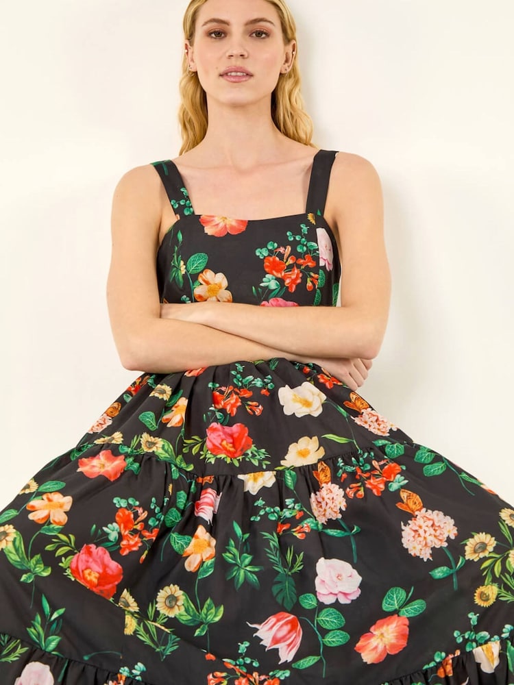 Roman Black Floral Print Tiered Midi Dress - Image 1 of 5