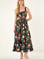 Roman Black Floral Print Tiered Midi Dress - Image 2 of 5