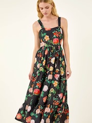 Roman Black Floral Print Tiered Midi Dress - Image 4 of 5