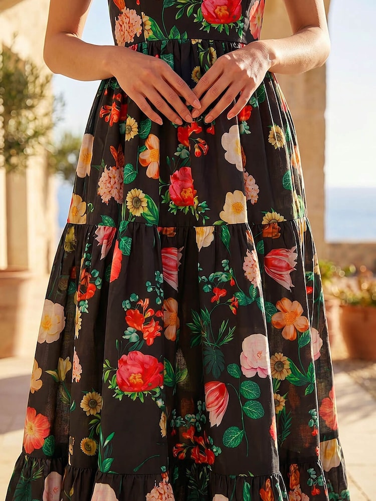 Roman Black Floral Print Tiered Midi Dress - Image 4 of 4 Roman Black Floral Print Tiered Midi Dress - Image 4 of 4