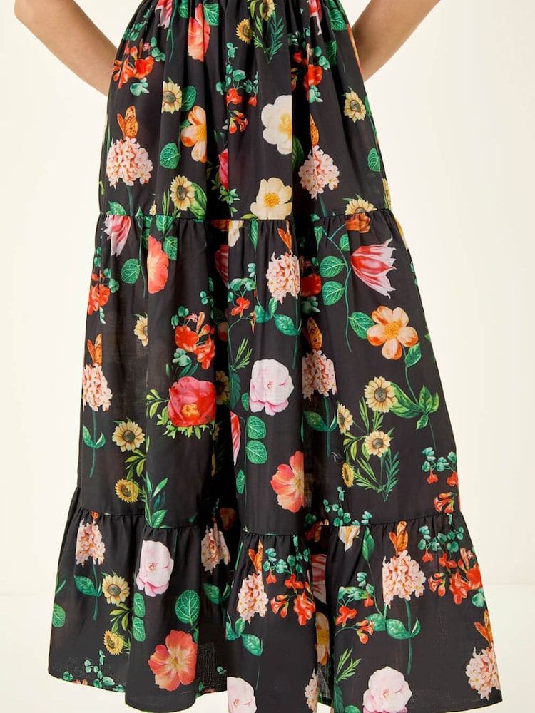 Roman Black Floral Print Tiered Midi Dress - Image 5 of 5