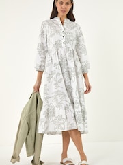 Roman Green Floral Puff Print Buttoned Midi Dress - Image 1 of 5