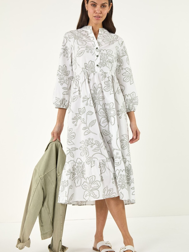 Roman Green Floral Puff Print Buttoned Midi Dress - Image 1 of 5