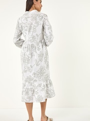 Roman Green Floral Puff Print Buttoned Midi Dress - Image 3 of 5
