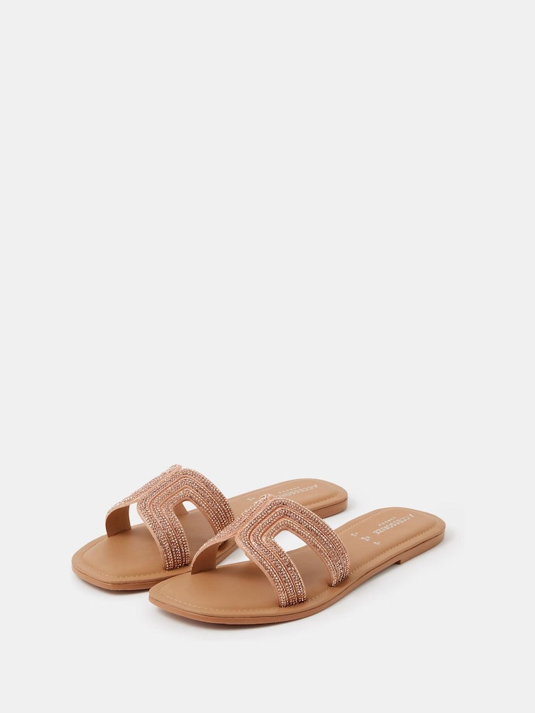 Accessorize Gold Diamanté Cut Out Slip On Sandals - Image 1 of 2 Accessorize Gold Diamanté Cut Out Slip On Sandals - Image 1 of 2