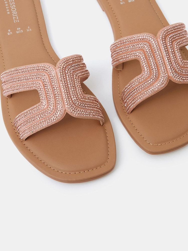 Accessorize Gold Diamanté Cut Out Slip On Sandals - Image 2 of 2 Accessorize Gold Diamanté Cut Out Slip On Sandals - Image 2 of 2