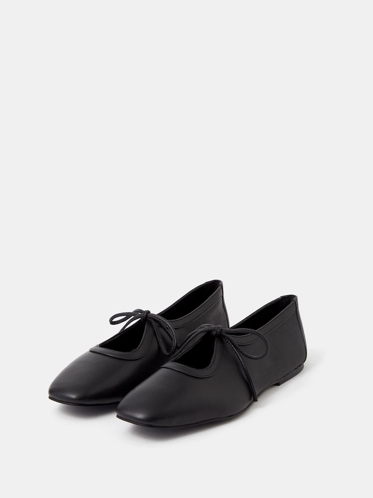 Accessorize Black Tie Leather Ballet Flats - Image 1 of 2 Accessorize Black Tie Leather Ballet Flats - Image 1 of 2