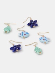 Accessorize Blue Sea Life Ceramic Drop Earrings 3 Pack - Image 1 of 2