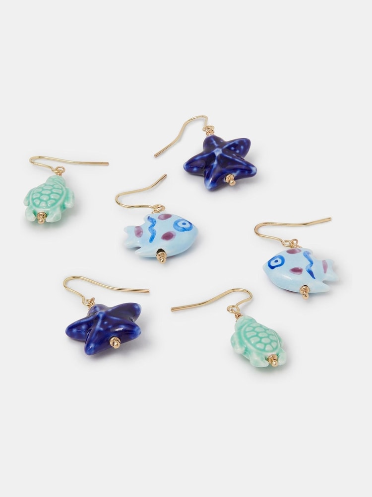 Accessorize Blue Sea Life Ceramic Drop Earrings 3 Pack - Image 1 of 2 Accessorize Blue Sea Life Ceramic Drop Earrings 3 Pack - Image 1 of 2
