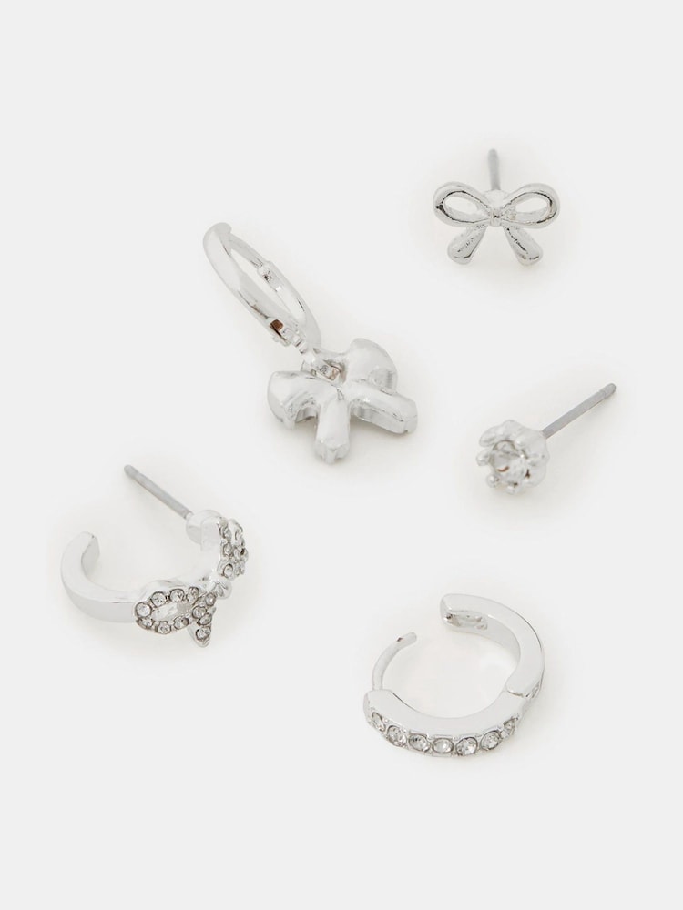 Accessorize Silver Tone Bow Stud & Hoop Earrings 5 Pack - Image 1 of 2 Accessorize Silver Tone Bow Stud & Hoop Earrings 5 Pack - Image 1 of 2
