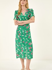 Roman Green Floral Ruched Sleeve Dress - Image 1 of 5