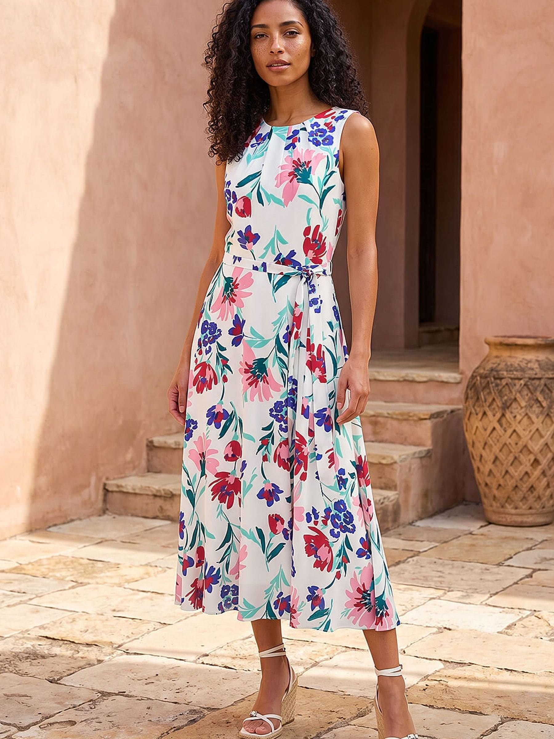 Roman Women's White Pleat Neck Floral Midi Dress