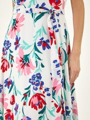 Roman White Pleat Neck Floral Midi Dress - Image 6 of 6